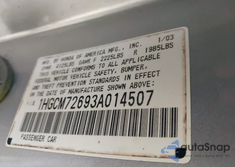 2003 Honda Accord 2.4 Ex из США, поврежденный, VIN 1HGCM72693A014507